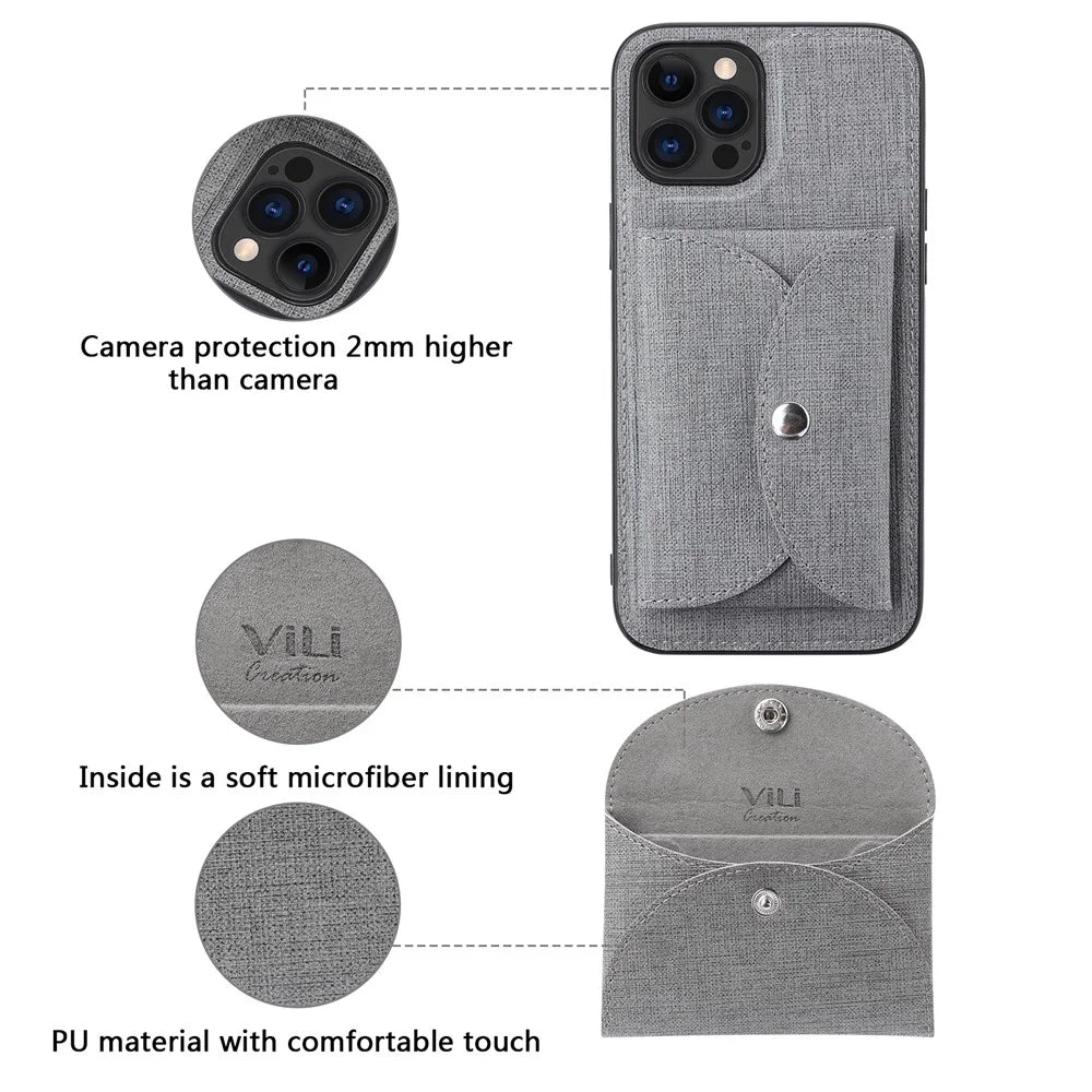 VILI T Series for iPhone 12 Pro Max Leather Coated TPU Phone Case Movable Magnetic Absorption Back Cover with Card Holder - Grey - 7