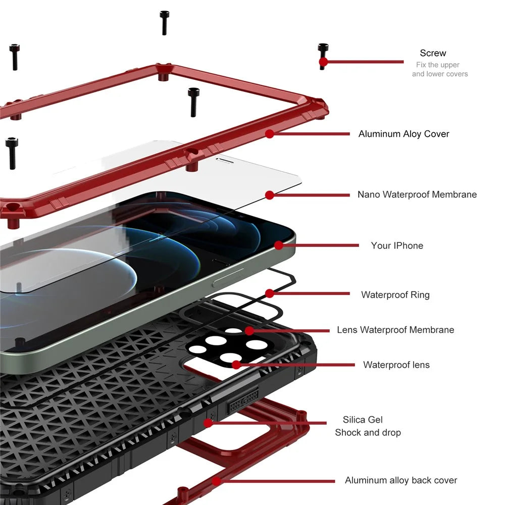 Silicone+Metal Shockproof Waterproof Case for iPhone 12 Pro Max - Red - 5