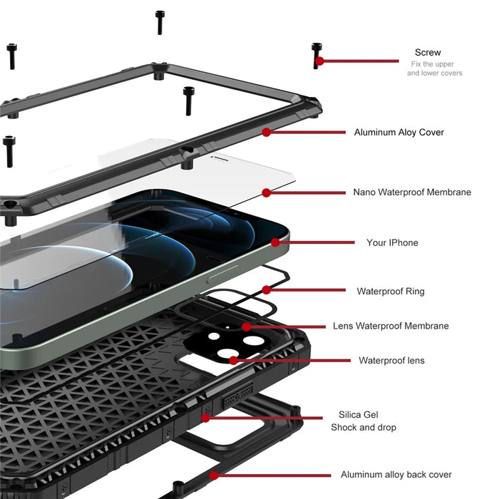 Silicone+Metal Full Protection Shockproof Waterproof Cover for iPhone 12 - Black - 7