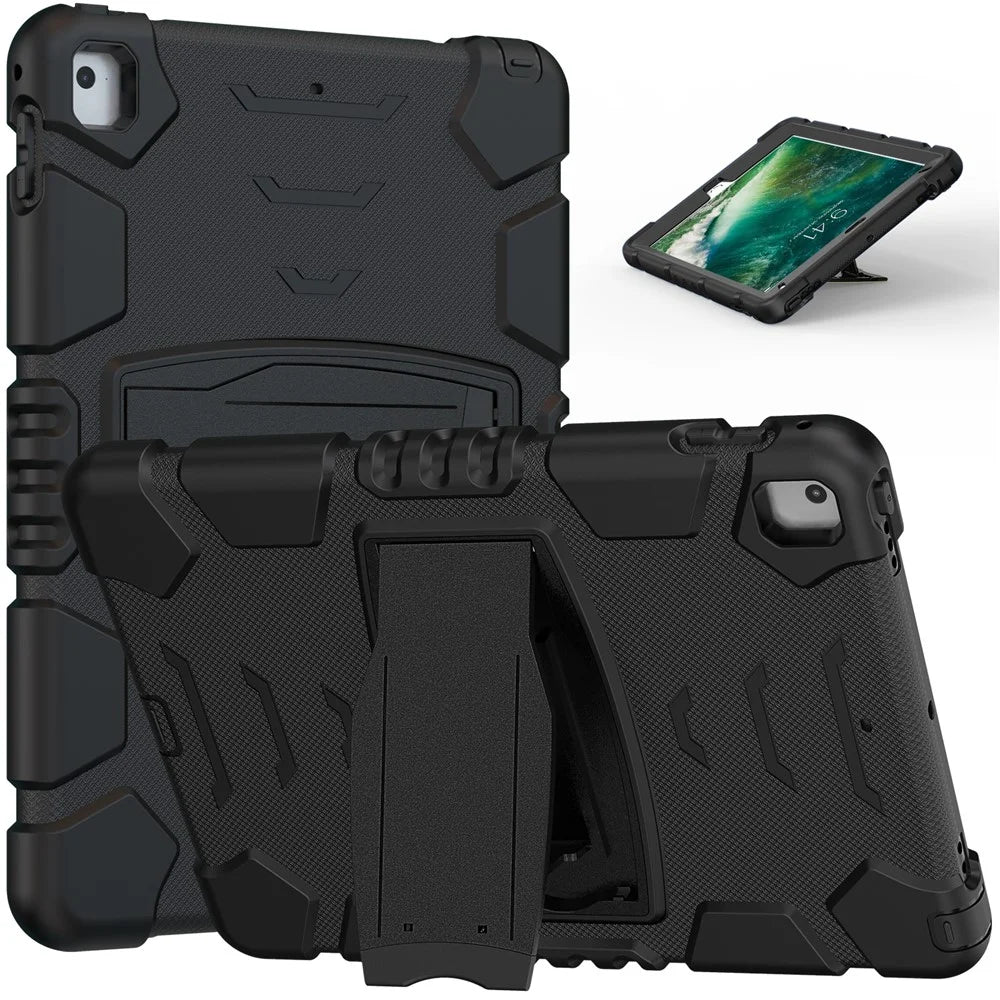 Drop Resistant PC + Silicone Tablet Cover with Kickstand for iPad 9.7-inch (2018)/(2017)/Pro 9.7 inch (2016)/Air 2 - Black/Black - 1