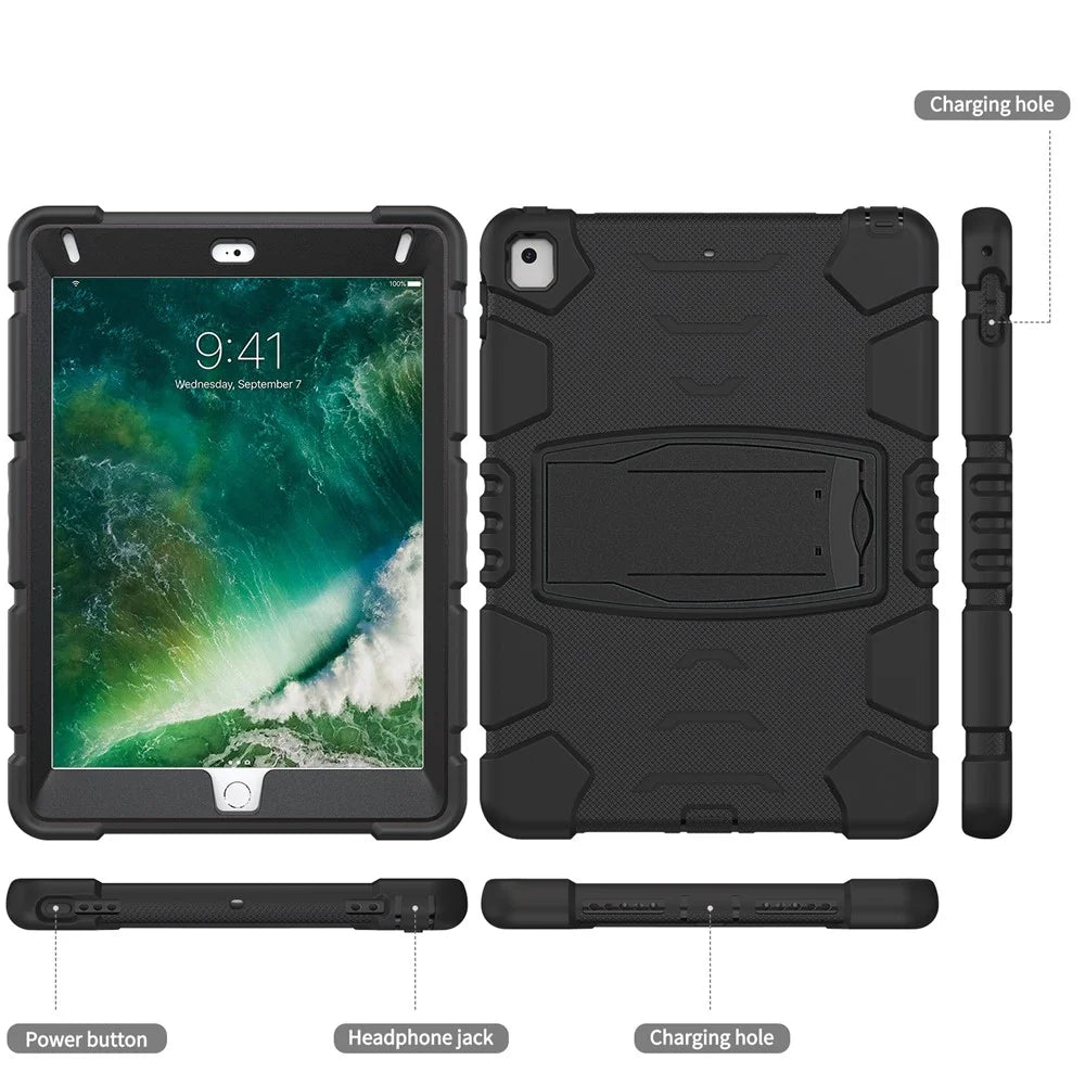 Drop Resistant PC + Silicone Tablet Cover with Kickstand for iPad 9.7-inch (2018)/(2017)/Pro 9.7 inch (2016)/Air 2 - Black/Black - 3