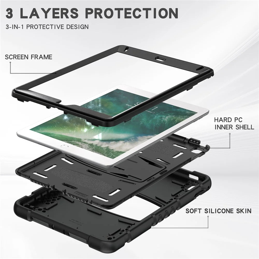 Drop Resistant PC + Silicone Tablet Cover with Kickstand for iPad 9.7-inch (2018)/(2017)/Pro 9.7 inch (2016)/Air 2 - Black/Black - 6
