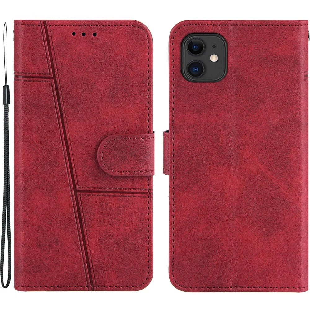 Splicing Leather Phone Cover Wallet Stand Case with Strap for iPhone 11 6.1 inch - Red - 1