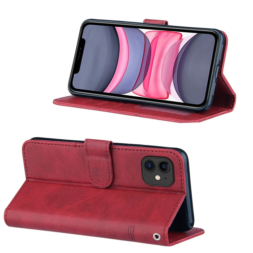 Splicing Leather Phone Cover Wallet Stand Case with Strap for iPhone 11 6.1 inch - Red - 2