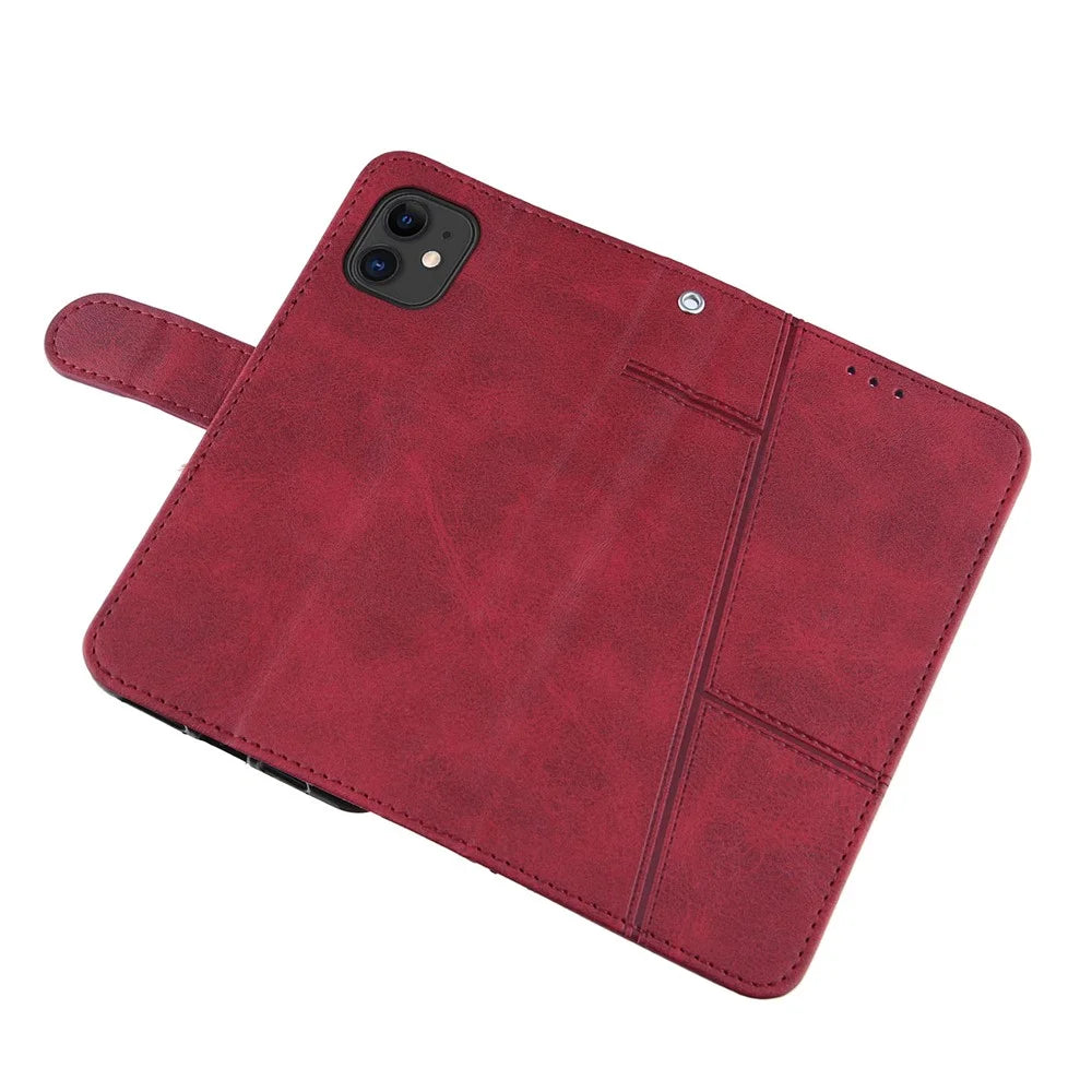 Splicing Leather Phone Cover Wallet Stand Case with Strap for iPhone 11 6.1 inch - Red - 6