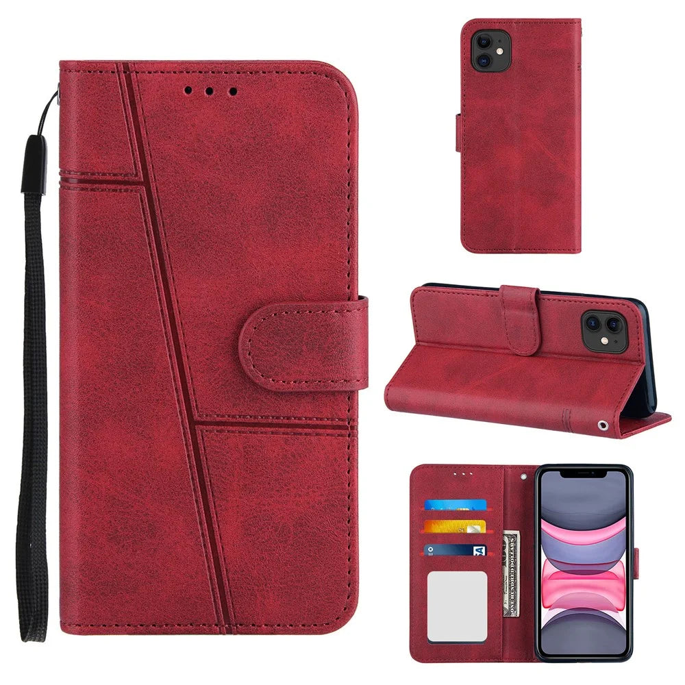 Splicing Leather Phone Cover Wallet Stand Case with Strap for iPhone 11 6.1 inch - Red - 7