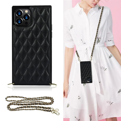Chain Lanyard Stitching Rhombus Shock-Proof Protective Phone Case for iPhone 12 Pro Max - Black - 1