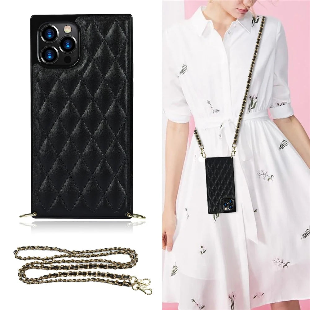 Chain Lanyard Stitching Rhombus Shock-Proof Protective Phone Case for iPhone 12 Pro Max - Black - 1