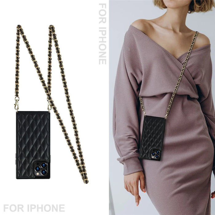 Chain Lanyard Stitching Rhombus Shock-Proof Protective Phone Case for iPhone 12 Pro Max - Black - 2