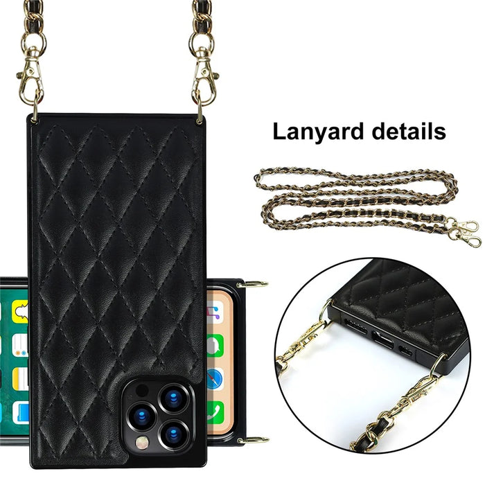 Chain Lanyard Stitching Rhombus Shock-Proof Protective Phone Case for iPhone 12 Pro Max - Black - 3