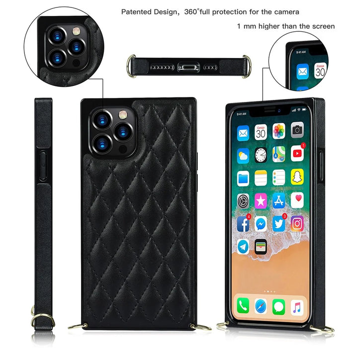 Chain Lanyard Stitching Rhombus Shock-Proof Protective Phone Case for iPhone 12 Pro Max - Black - 4