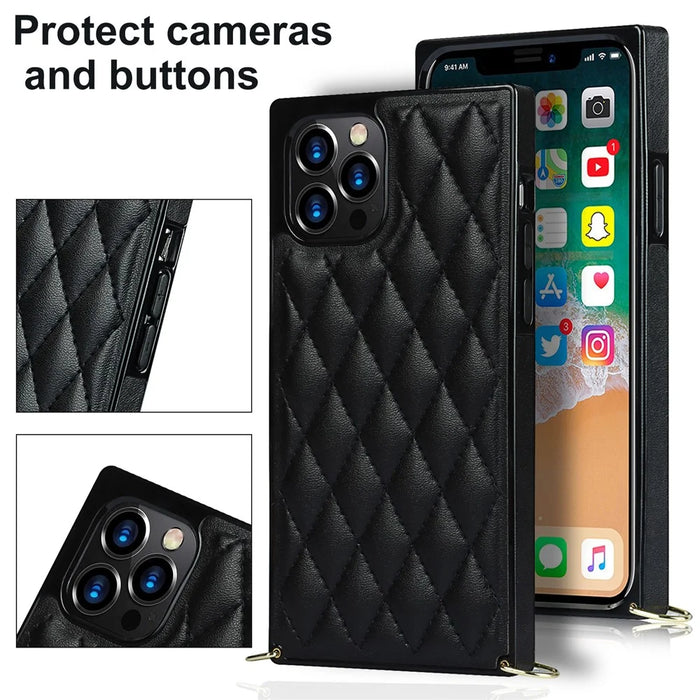 Chain Lanyard Stitching Rhombus Shock-Proof Protective Phone Case for iPhone 12 Pro Max - Black - 7