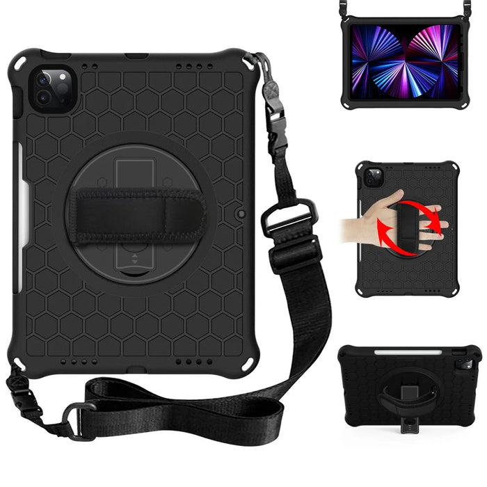 Honeycomb Texture Swivel Kickstand Shoulder Strap + Handy Strap EVA Tablet Cover Case for iPad Pro 11-inch (2022) /  (2021) / (2020) / (2018) - Black - 1