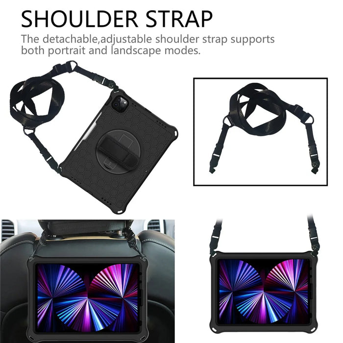 Honeycomb Texture Swivel Kickstand Shoulder Strap + Handy Strap EVA Tablet Cover Case for iPad Pro 11-inch (2022) /  (2021) / (2020) / (2018) - Black - 2
