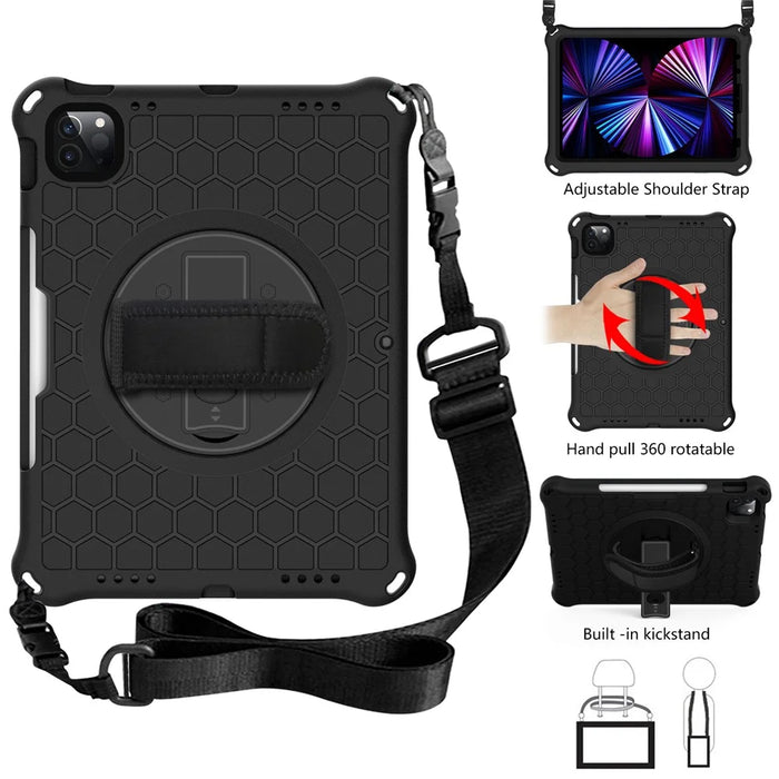 Honeycomb Texture Swivel Kickstand Shoulder Strap + Handy Strap EVA Tablet Cover Case for iPad Pro 11-inch (2022) /  (2021) / (2020) / (2018) - Black - 3