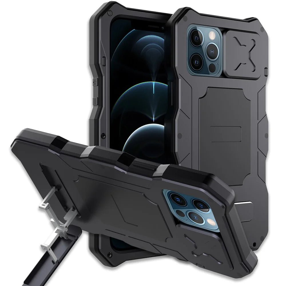 Shockproof + Dropproof + Dustproof Functions Metal Hybrid Protector Case + Tempered Glass Film for iPhone 12/12 Pro - Black - 1