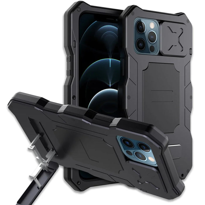 Shockproof + Dropproof + Dustproof Functions Metal Hybrid Protector Case + Tempered Glass Film for iPhone 12/12 Pro - Black - 1