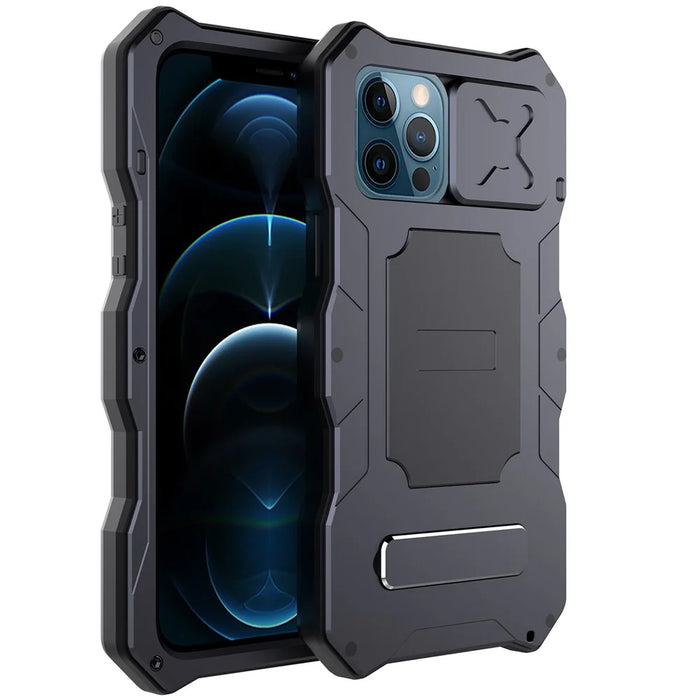 Shockproof + Dropproof + Dustproof Functions Metal Hybrid Protector Case + Tempered Glass Film for iPhone 12/12 Pro - Black - 2