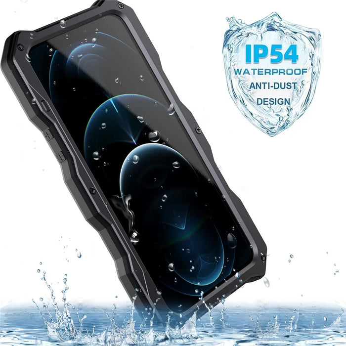 Shockproof + Dropproof + Dustproof Functions Metal Hybrid Protector Case + Tempered Glass Film for iPhone 12/12 Pro - Black - 3