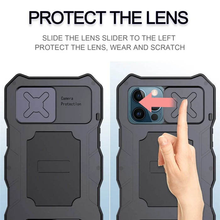 Shockproof + Dropproof + Dustproof Functions Metal Hybrid Protector Case + Tempered Glass Film for iPhone 12/12 Pro - Black - 5