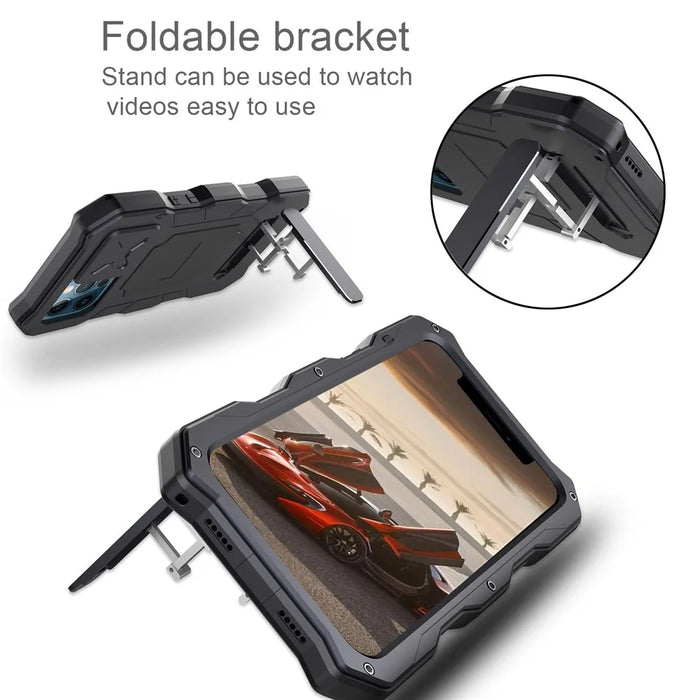 Shockproof + Dropproof + Dustproof Functions Metal Hybrid Protector Case + Tempered Glass Film for iPhone 12/12 Pro - Black - 6