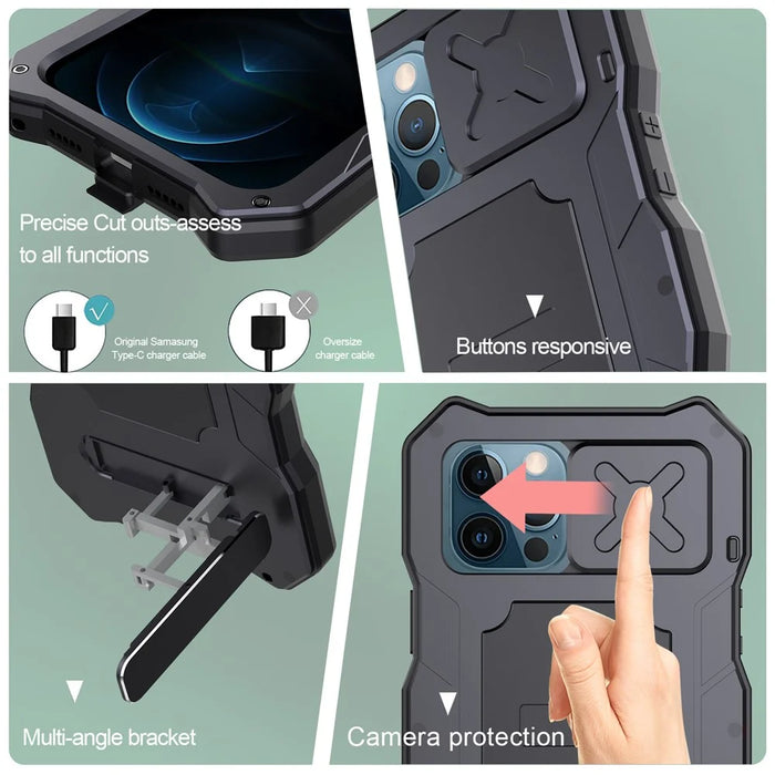 Shockproof + Dropproof + Dustproof Functions Metal Hybrid Protector Case + Tempered Glass Film for iPhone 12/12 Pro - Black - 7