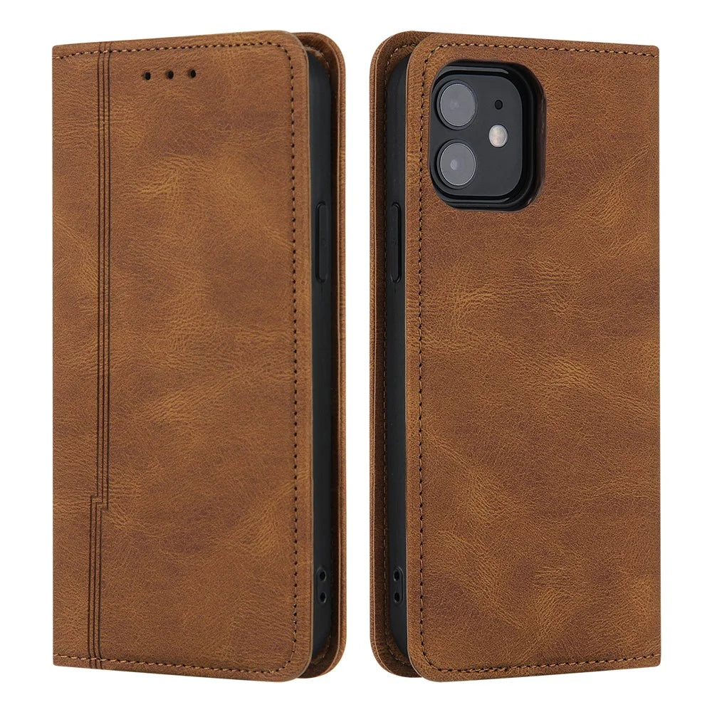 Skin-touch Magnetic Auto-absorbed Lines Wallet Leather Phone Case for iPhone 12 / 12 Pro - Brown - 1