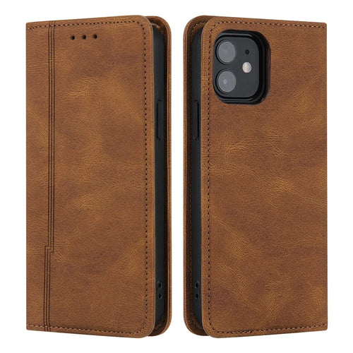 Skin-touch Magnetic Auto-absorbed Lines Wallet Leather Phone Case for iPhone 12 / 12 Pro - Brown - 1