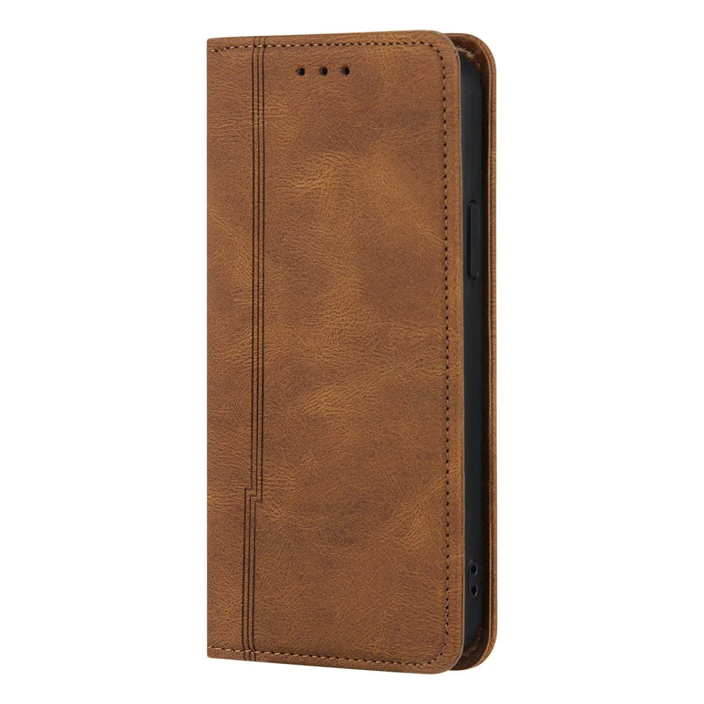 Skin-touch Magnetic Auto-absorbed Lines Wallet Leather Phone Case for iPhone 12 / 12 Pro - Brown - 2
