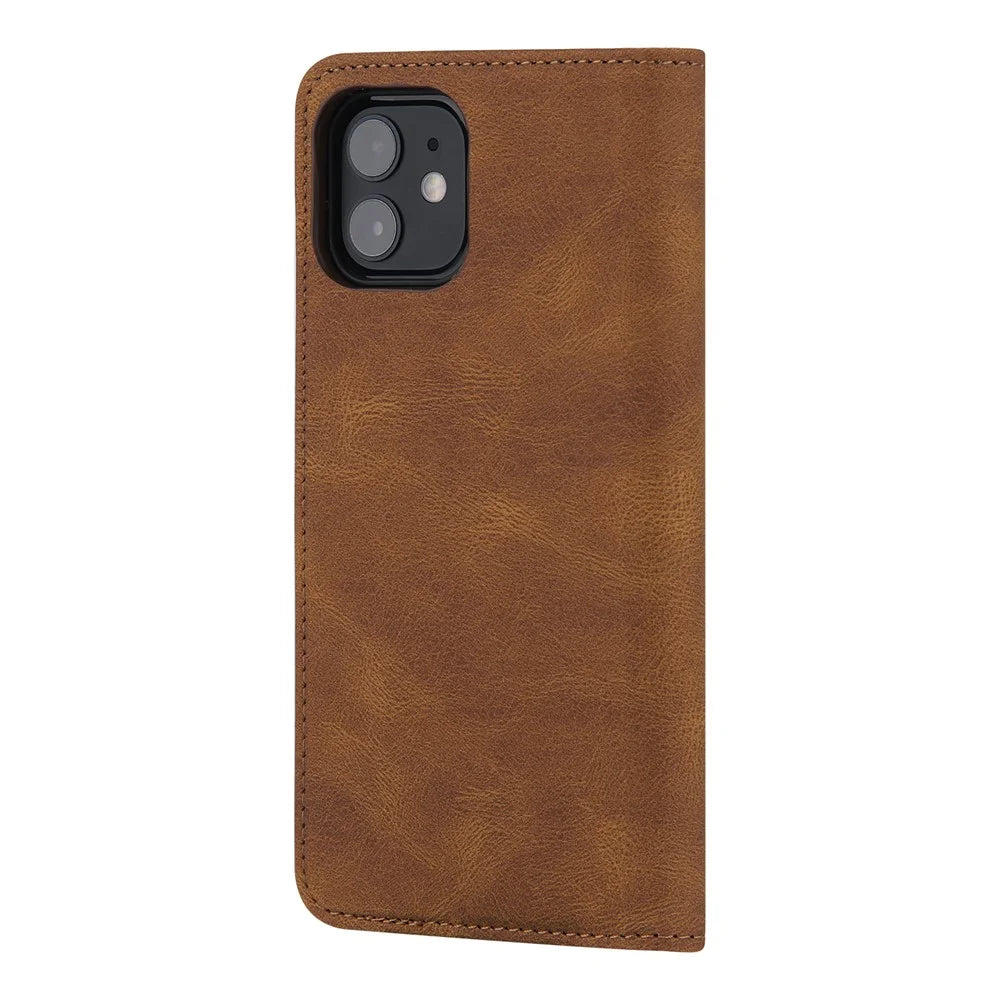 Skin-touch Magnetic Auto-absorbed Lines Wallet Leather Phone Case for iPhone 12 / 12 Pro - Brown - 3