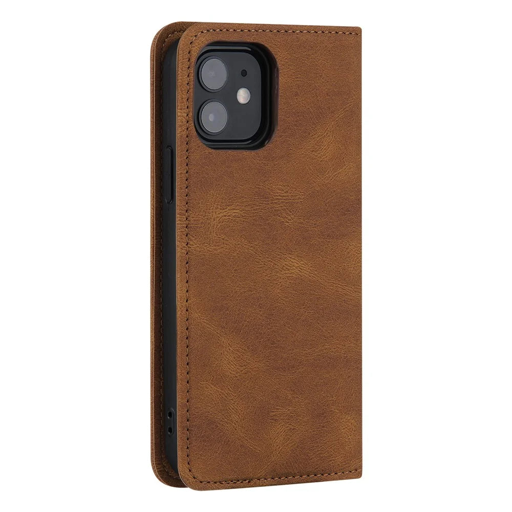 Skin-touch Magnetic Auto-absorbed Lines Wallet Leather Phone Case for iPhone 12 / 12 Pro - Brown - 4