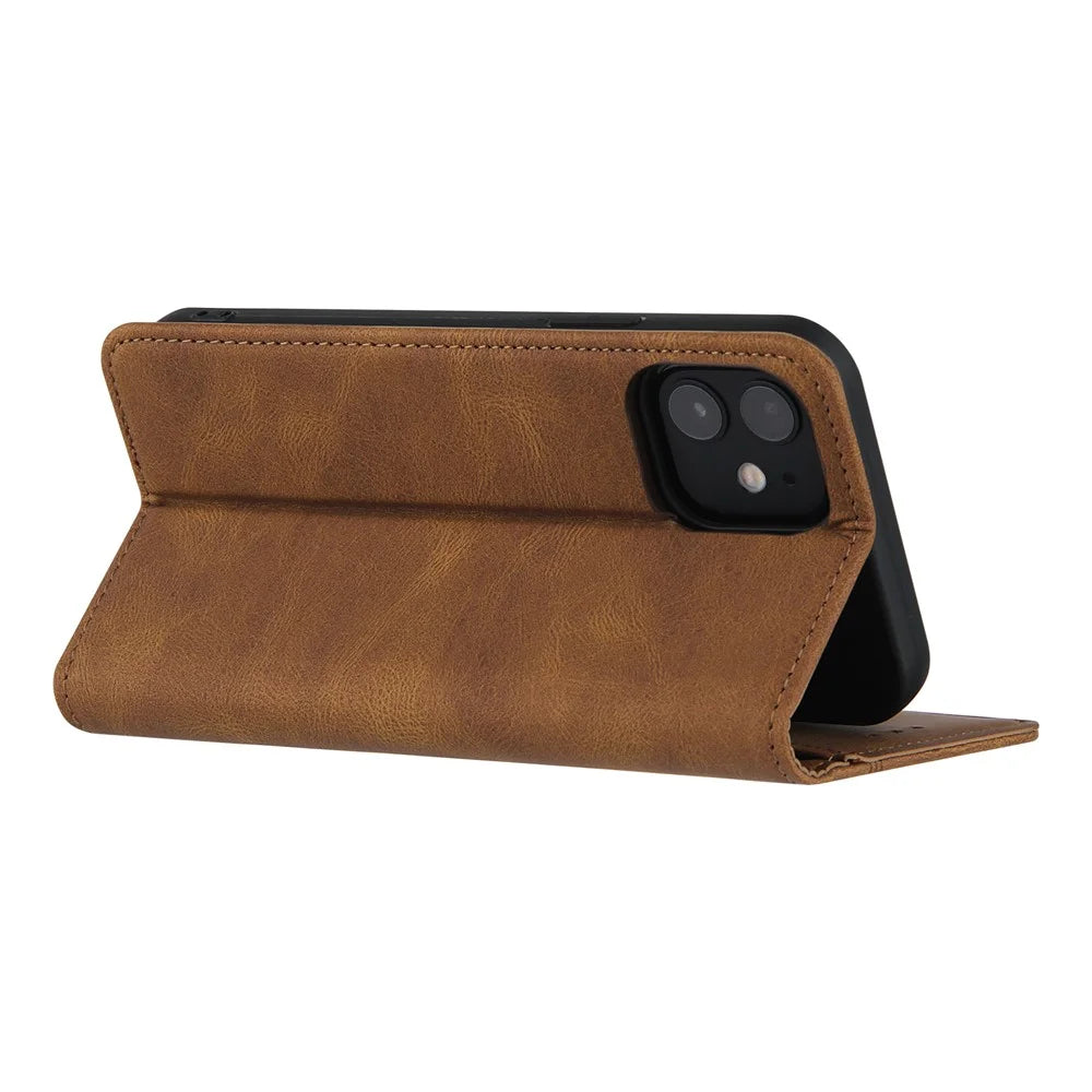 Skin-touch Magnetic Auto-absorbed Lines Wallet Leather Phone Case for iPhone 12 / 12 Pro - Brown - 5