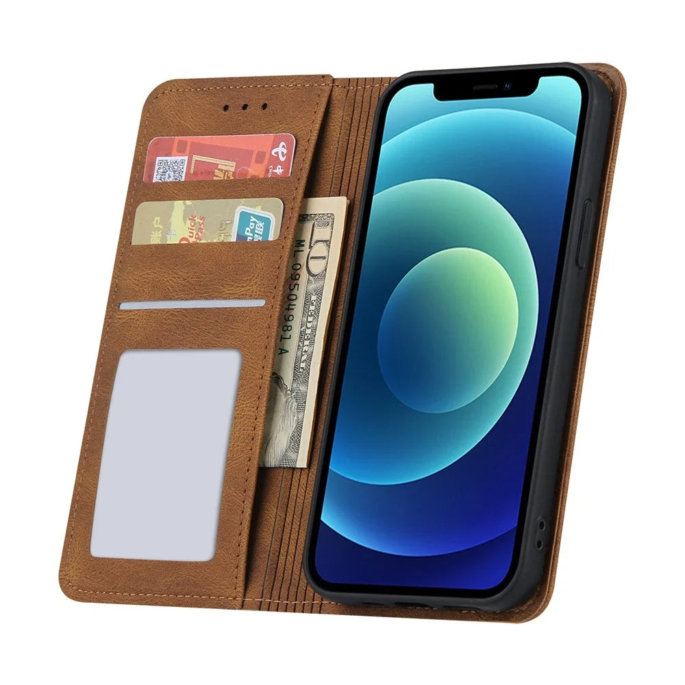 Skin-touch Magnetic Auto-absorbed Lines Wallet Leather Phone Case for iPhone 12 / 12 Pro - Brown - 6