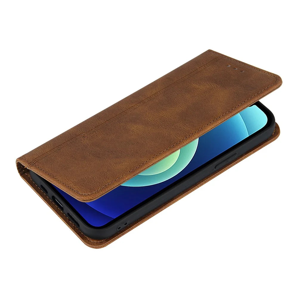 Skin-touch Magnetic Auto-absorbed Lines Wallet Leather Phone Case for iPhone 12 / 12 Pro - Brown - 7