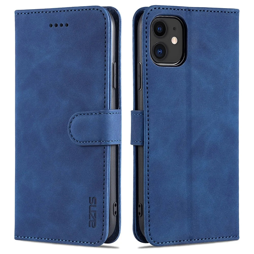 AZNS PU Leather Stand Wallet Design Phone Cover Shell for iPhone 12/12 Pro 6.1 inch - Blue - 1