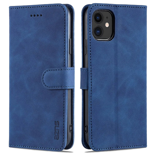 AZNS PU Leather Stand Wallet Design Phone Cover Shell for iPhone 12/12 Pro 6.1 inch - Blue - 1