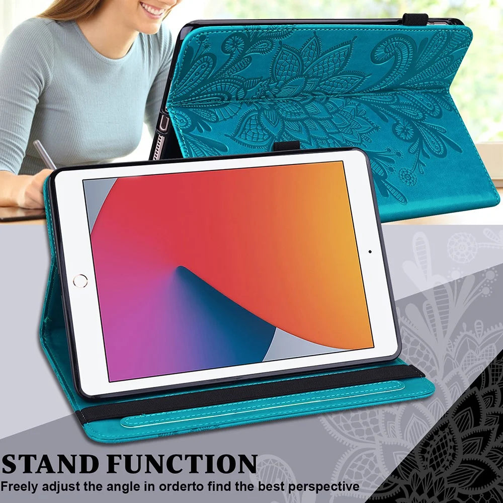 Wallet Stand Design Cover Imprint Flower Pattern Leather Tablet Case for iPad 10.2 (2021)/(2020)/(2019) - Blue - 3