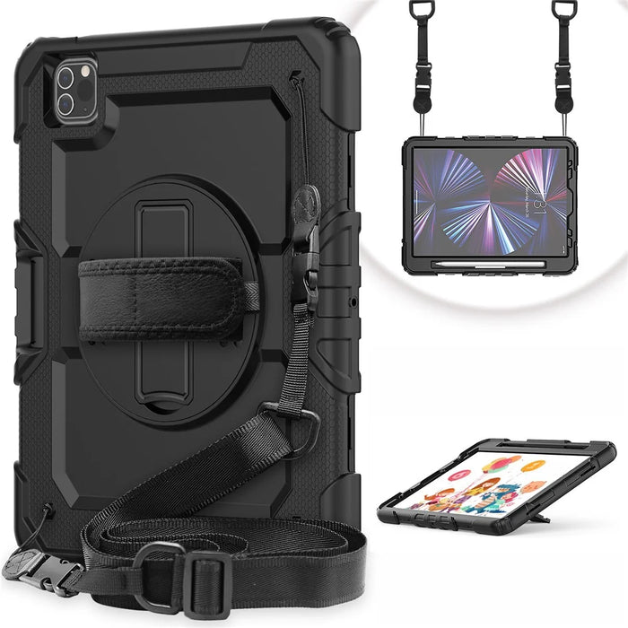 Rugged Heavy Duty PC + Silicone Shockproof 360° Rotating Kickstand Cover with Handle Hand Grip and Shoulder Strap for iPad Pro 11-inch (2021) / (2022) - Black - 1