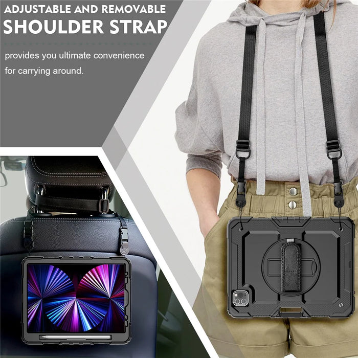 Rugged Heavy Duty PC + Silicone Shockproof 360° Rotating Kickstand Cover with Handle Hand Grip and Shoulder Strap for iPad Pro 11-inch (2021) / (2022) - Black - 5