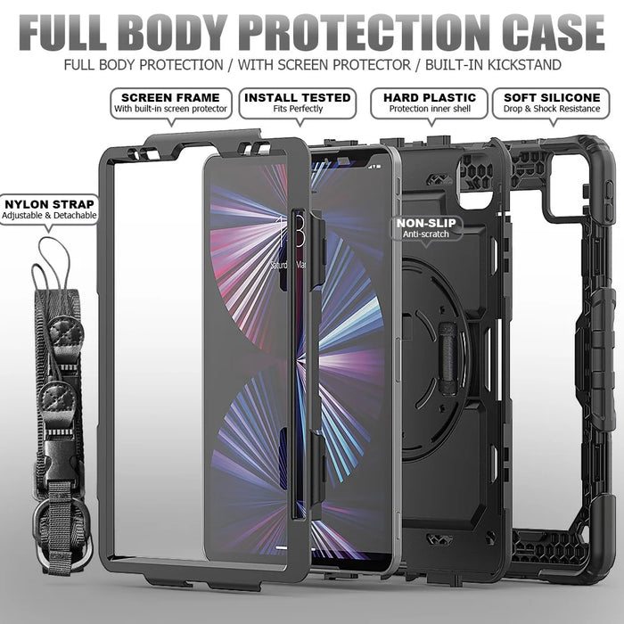Rugged Heavy Duty PC + Silicone Shockproof 360° Rotating Kickstand Cover with Handle Hand Grip and Shoulder Strap for iPad Pro 11-inch (2021) / (2022) - Black - 6