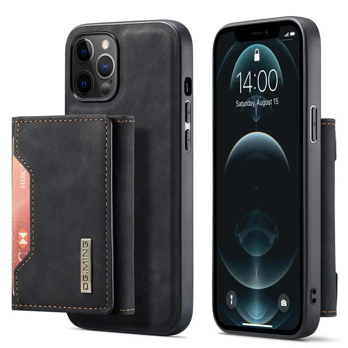 DG.MING M2 Series Kickstand Design Magnetic Tri-fold Wallet Leather Phone Case Shell for iPhone 12 Pro Max 6.7 inch - Black - 1