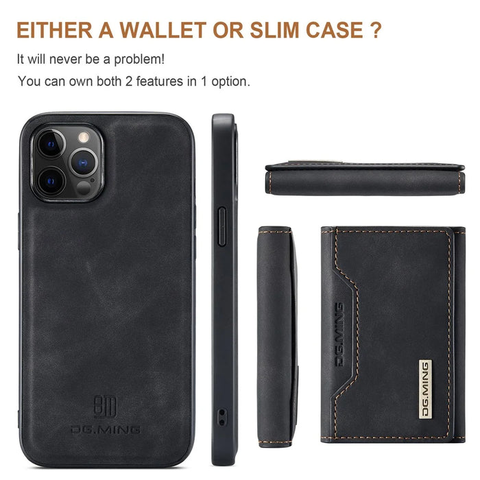 DG.MING M2 Series Kickstand Design Magnetic Tri-fold Wallet Leather Phone Case Shell for iPhone 12 Pro Max 6.7 inch - Black - 3