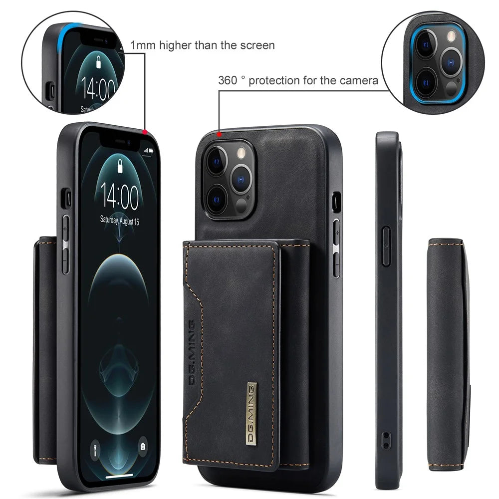 DG.MING M2 Series Kickstand Design Magnetic Tri-fold Wallet Leather Phone Case Shell for iPhone 12 Pro Max 6.7 inch - Black - 6