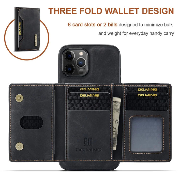 DG.MING M2 Series Kickstand Design Magnetic Tri-fold Wallet Leather Phone Case Shell for iPhone 12 Pro Max 6.7 inch - Black - 7