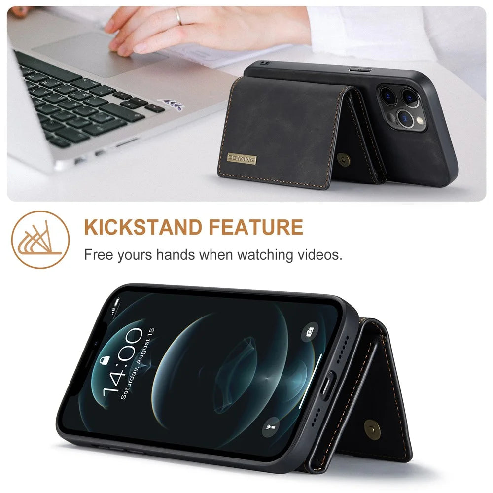 DG.MING M1 Series Magnetic Tri-fold Wallet PU Leather Kickstand Phone Case for iPhone 12 / 12 Pro - Black - 2