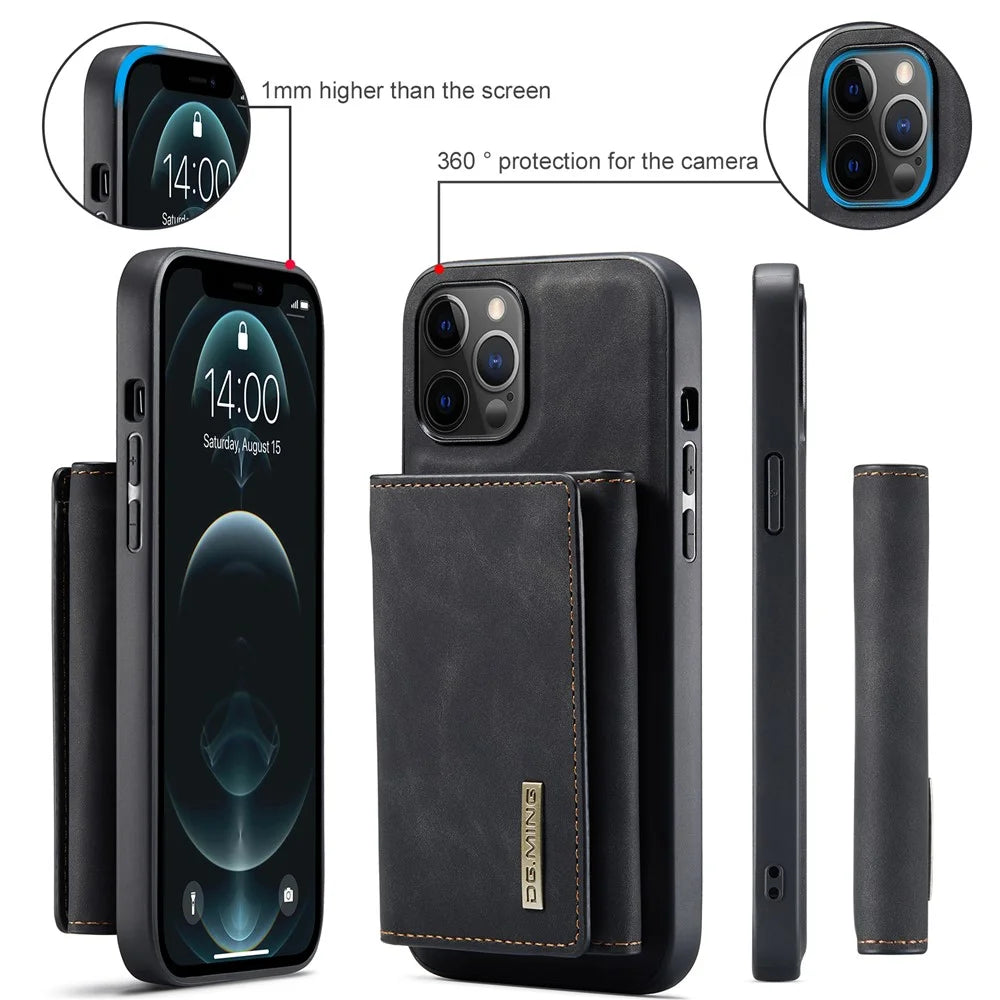 DG.MING M1 Series Magnetic Tri-fold Wallet PU Leather Kickstand Phone Case for iPhone 12 / 12 Pro - Black - 6