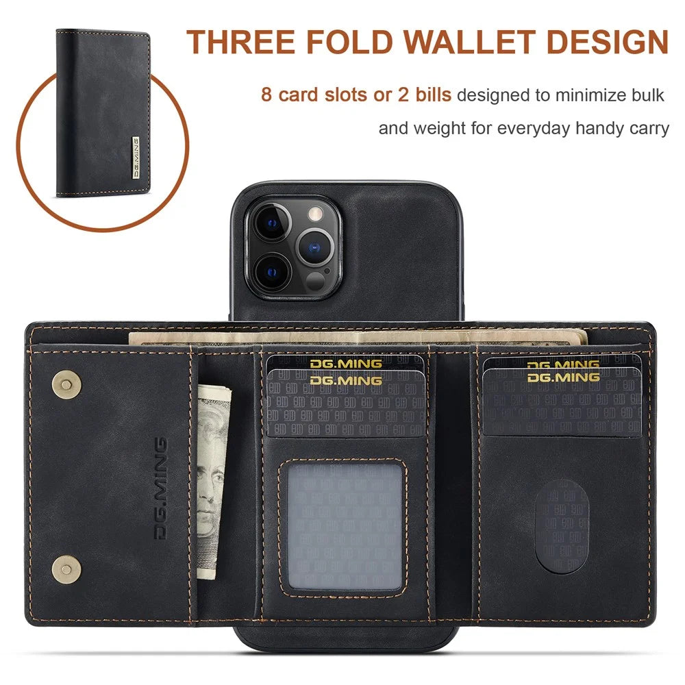 DG.MING M1 Series Magnetic Tri-fold Wallet PU Leather Kickstand Phone Case for iPhone 12 / 12 Pro - Black - 7