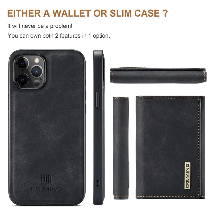 DG.MING M1 Series PU Leather Kickstand Protective Phone Case Shell with Magnetic Tri-fold Wallet for iPhone 12 Pro Max 6.7 inch - Black - 3