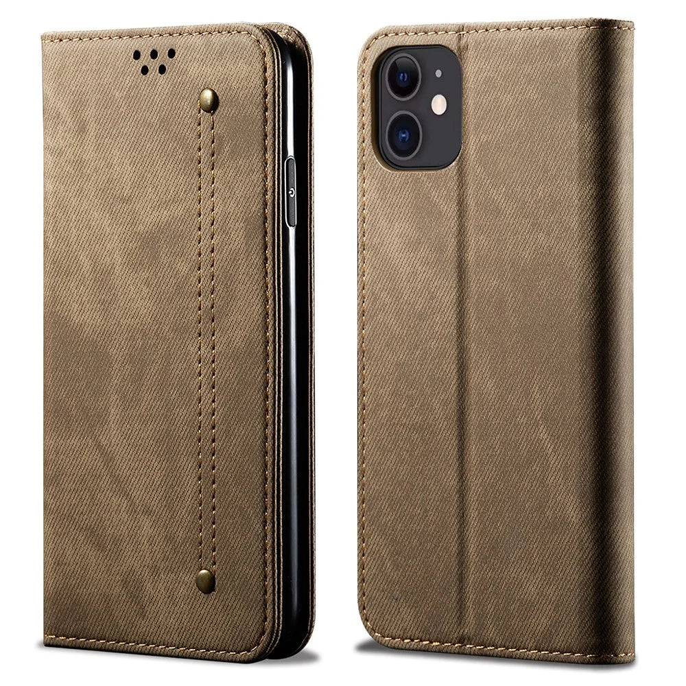 All-round Protection Jeans Cloth Texture Leather Wallet Stand Case for iPhone 13 mini 5.4 inch - Green - 1