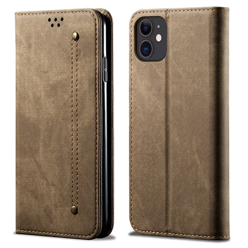 All-round Protection Jeans Cloth Texture Leather Wallet Stand Case for iPhone 13 mini 5.4 inch - Green - 1